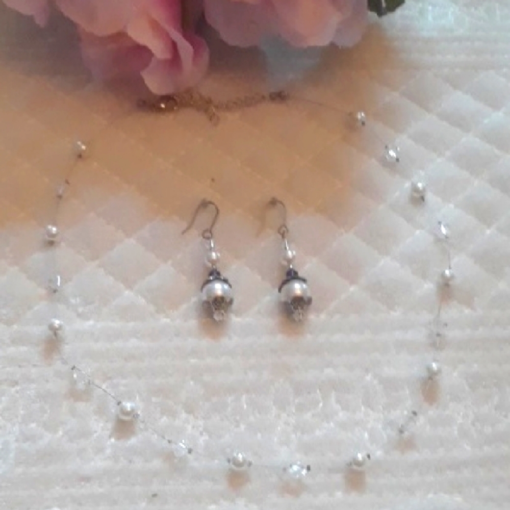 Crystal And Pearl Bead Necklace And Earrings